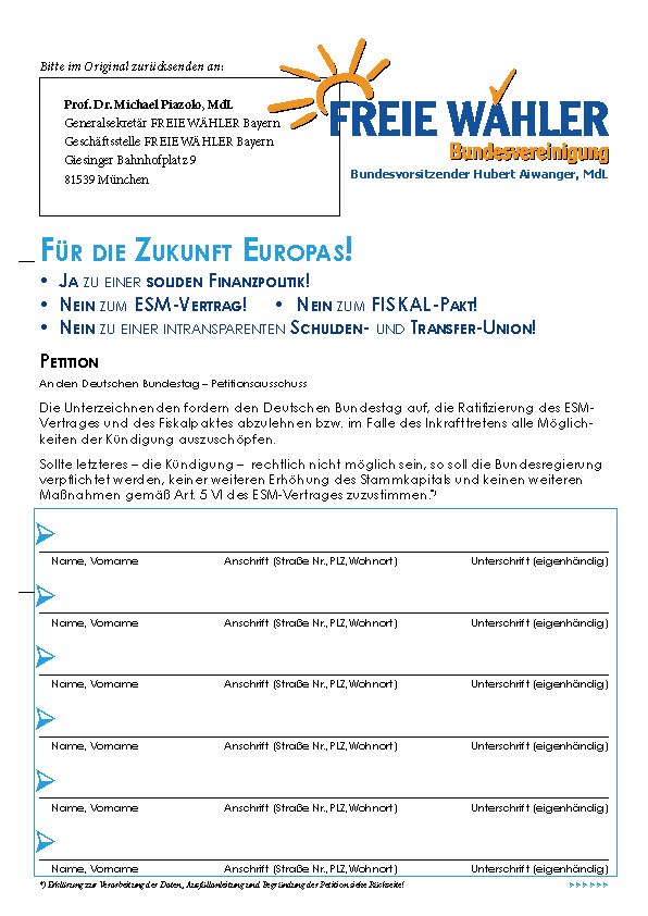 Euro-Petition Formular-Ansicht und Download